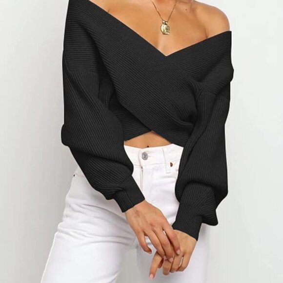 Cross Wrap Front Off Shoulder Asymmetric Hem Knitted Crop Solid Pullover - Picture 2 of 4